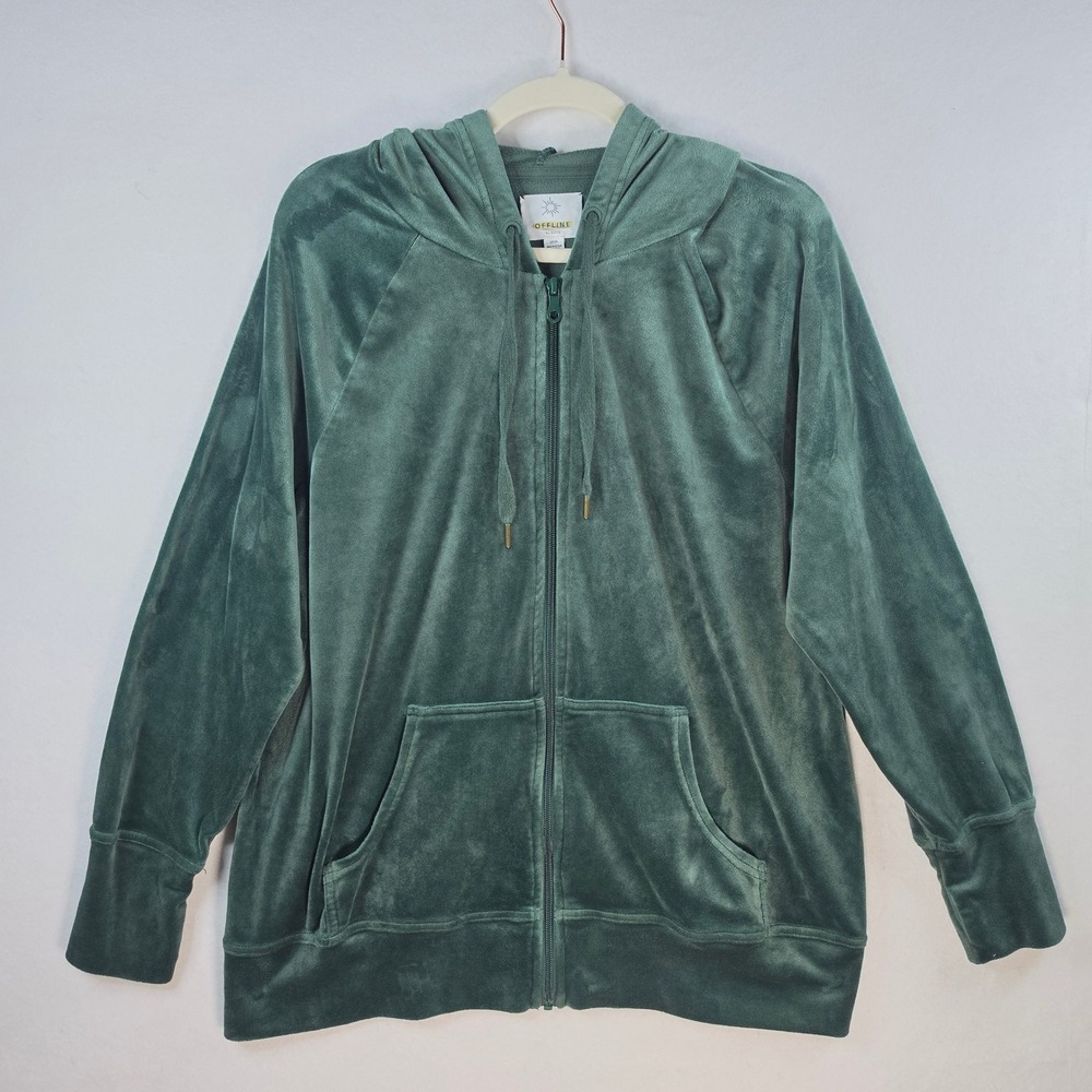 OFFLINE by Aerie Velour Full Zip Hoodie Green Thumbhole Jacket Small